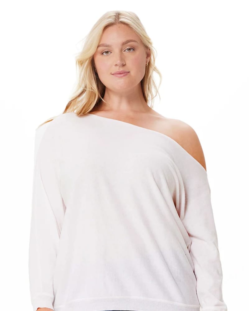 Front of a model wearing a size 1X Cotton Cashmere Off The Shoulder Sweater in White by Minnie Rose. | dia_product_style_image_id:324885